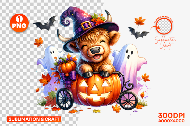 Halloween Cow Witch Pumpkin Clipart PNG Sublimation Design