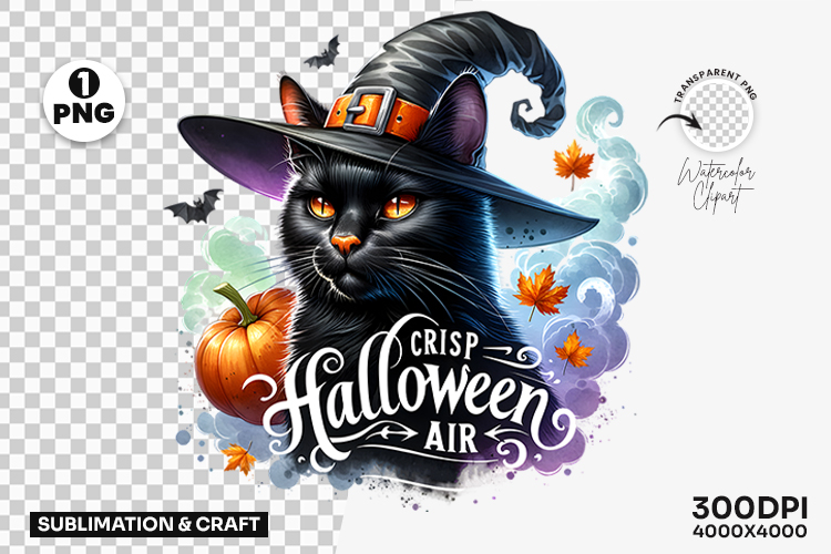 Halloween Pumpkin Crisp Air Black Cat Witch Hat Clipart PNG