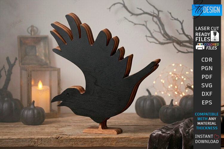 Halloween Crow Laser Cut | Layered Raven | Shelf Sitter |CNC example image 1