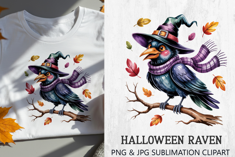Halloween Crow PNG Sublimation featuring a whimsical crow in a purple witch hat and scarf, sitting on a tree branch with falling autumn leaves. Perfect for Halloween sublimation projects such as t-shirts, mugs, tote bags, pillows, stickers, party invitati
