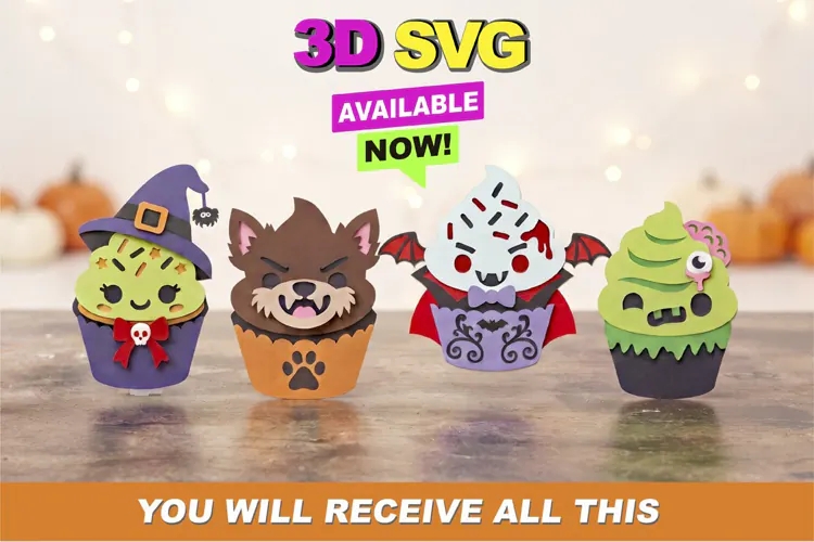 Spooky Halloween Monster Cupcakes 3D SVG File