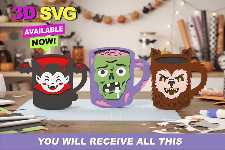 Spooky Halloween Monster Cups 3D SVG