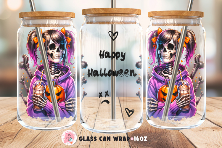 Halloween Glass 16 Oz Glass Can Wrap | Skull Can Wrap