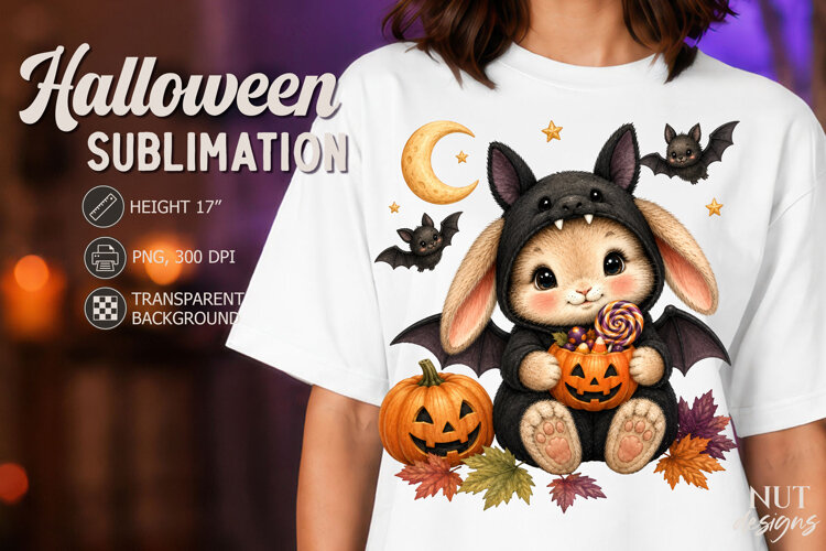 Cute Bat Bunny Halloween clipart pumpkin Baby rabbit example image 1