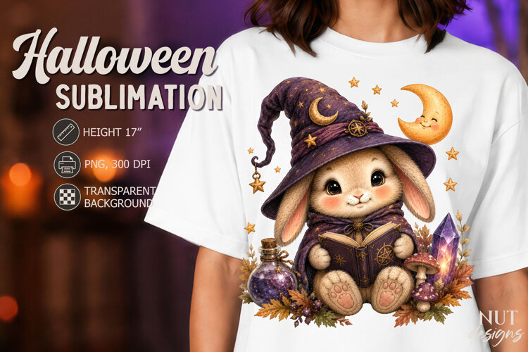 Witch Bunny Halloween clipart Baby rabbit wizard sublimation example image 1