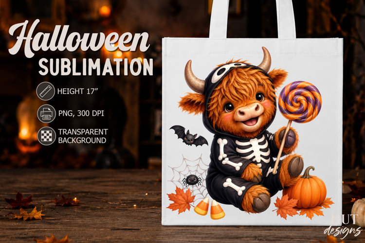 Cute Halloween Highland Cow Sublimation Skeleton Baby Animal