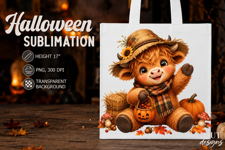 Scarecrow Halloween Highland Cow Sublimation Baby animals example image 1