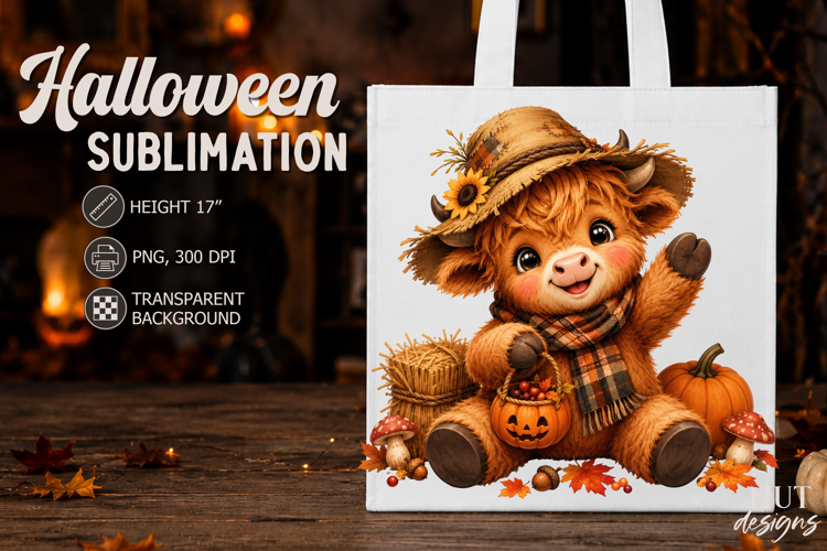 Scarecrow Halloween Highland Cow Sublimation Baby animals