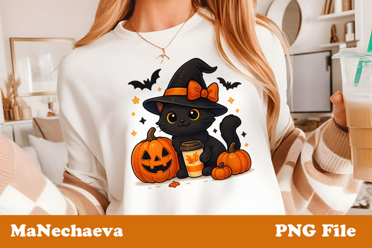 Cute Halloween Clipart | Black Cat Witch Hat Pumpkin PNG