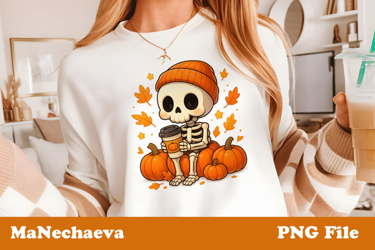 Cute Skeleton with Coffee | Autumn Pumpkin Sublimation