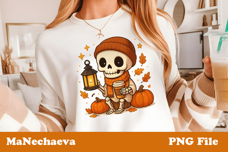 Halloween Skeleton Lantern Clipart | Cozy Autumn Coffee PNG