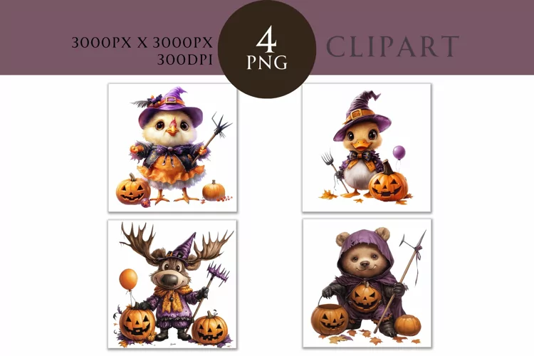 Halloween Cute Animals Watercolor Clipart PNG
