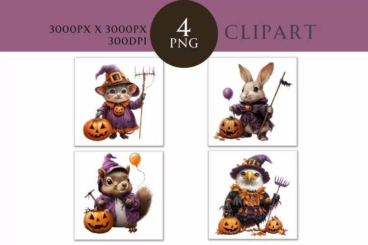 Halloween Cute Animals Watercolor Clipart PNG