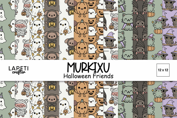 Cute Halloween Digital Paper Pack, Kawaii Animal Patterns
