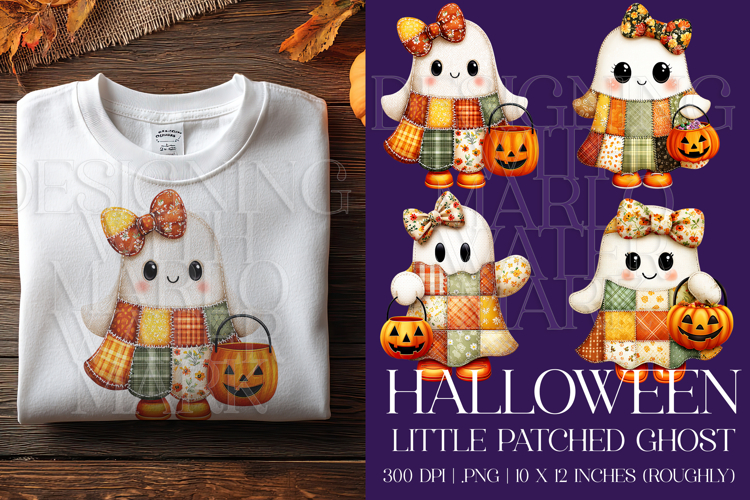 Halloween Patchwork Ghost Graphics, Halloween PNG, s1