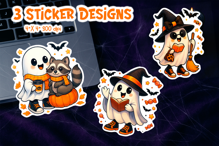 Cute Halloween Sticker Printable | Ghost Witch and Raccoon
