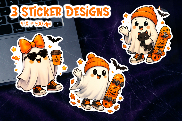 Cute Halloween Sticker Printable | Ghost Cat Skateboard PNG