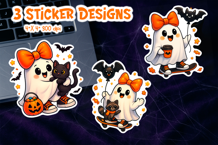 Cute Halloween Sticker Printable | Ghost Cat Bat PNG