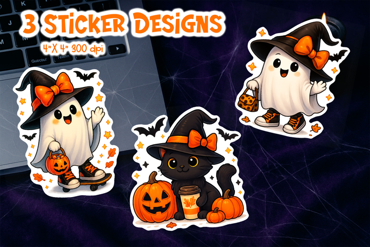 Cute Halloween Sticker Printable | Ghost Witch Cat PNG