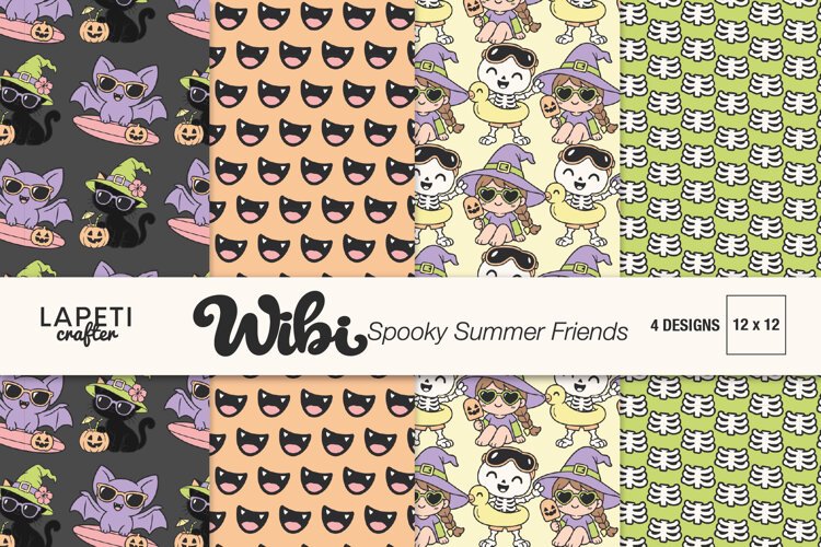 Four Halloween digital papers with bats black cats skeletons and vampire fangs