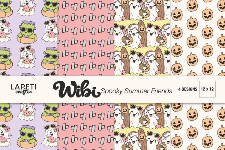Four cute Halloween digital papers with ghosts monsters pumpkins and summer details