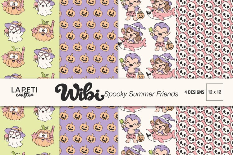 Four cute Halloween digital papers with ghosts pumpkins skulls and characters