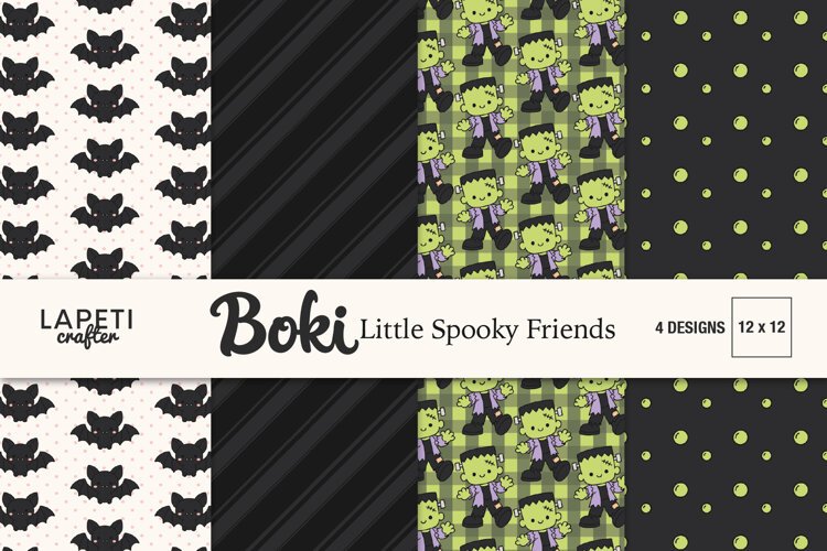 Four Halloween digital papers with bats Frankenstein stripes and green dots