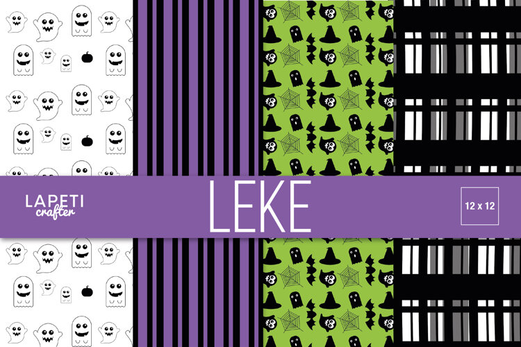 Four Halloween digital papers with ghosts stripes spooky icons and plaid patterns