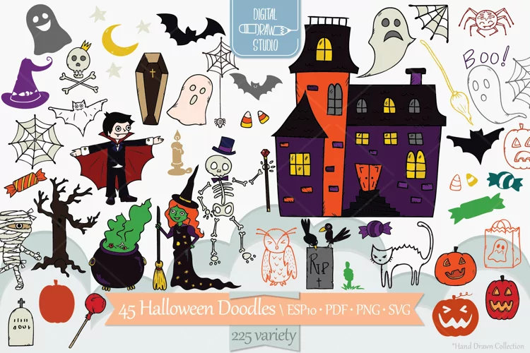 Halloween Color Doodles, Monsters, Pumpkin, Haunted House