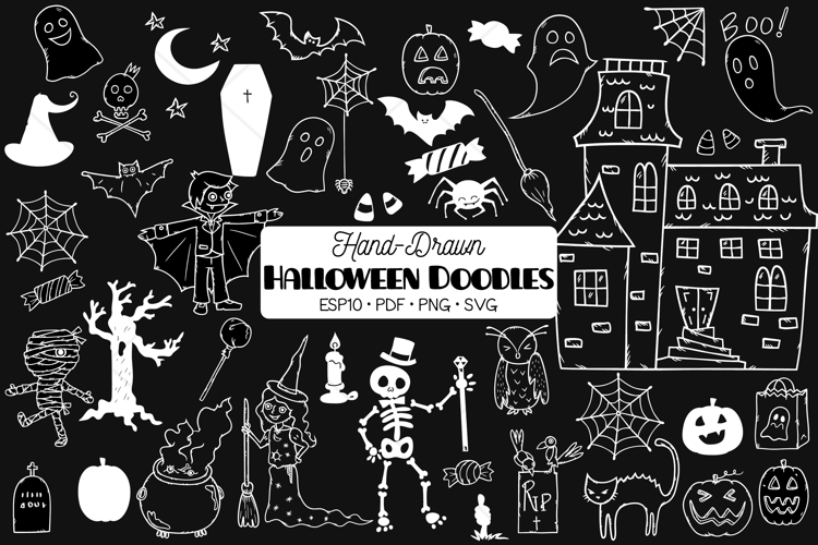 Halloween White Doodles, Monsters, Pumpkin, Haunted House