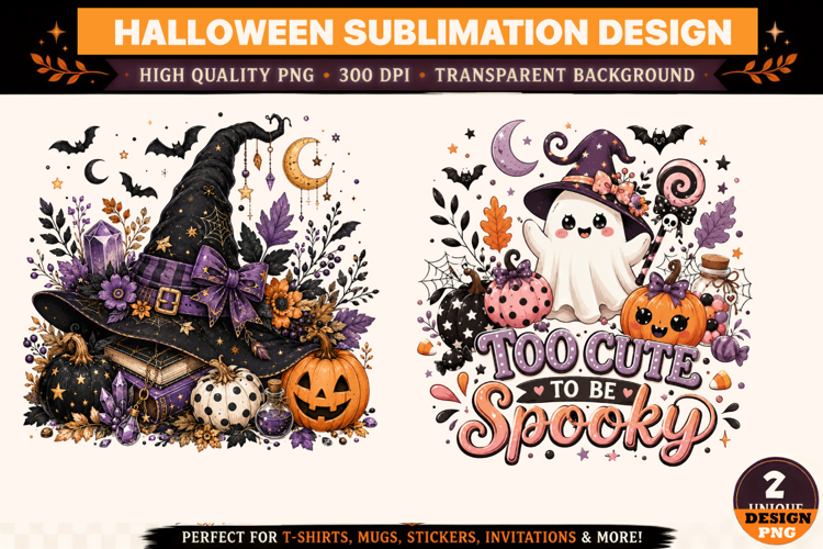 Witch Hat, Cute Ghost & Pumpkin Sublimation Designs