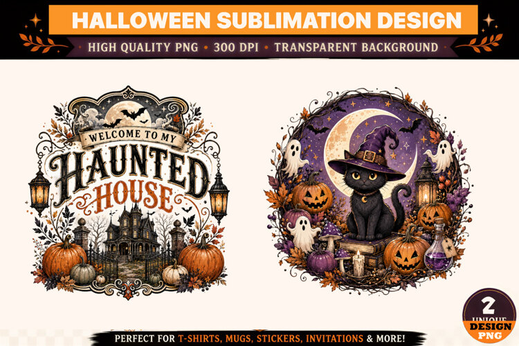 Halloween Haunted House PNG, Witch Black Cat Ghost example image 1