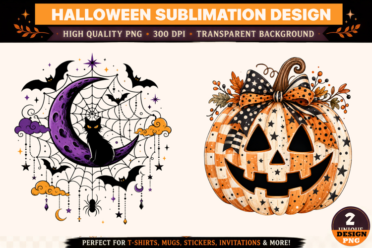 Halloween Double Design PNG, Purple Moon Cat & Pumpkin Bow