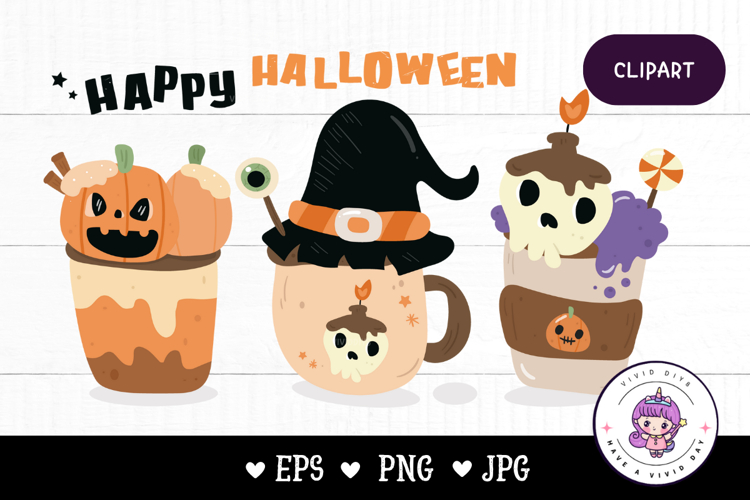 Halloween drink Pumpkin and witch hat kawaii clipart
