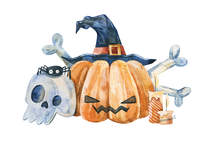 Watercolor Halloween Pumpkin Wearing Witch Hat Hand-painted