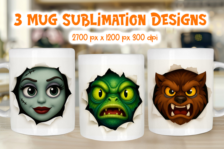 Funny Halloween Mug Wrap | 3D Monster Face Sublimation