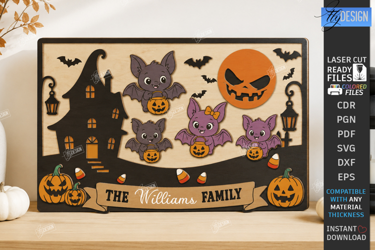 Halloween Family Plaque Laser Cut | Halloween Decor | Bats