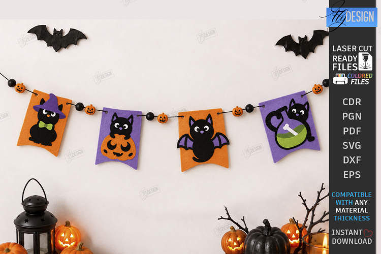 Halloween Felt Garland Laser Cut | Felt Banner | Black Cats