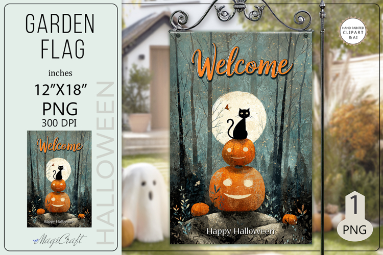 Welcome Garden flags|Halloween Sublimation pumpkin black cat
