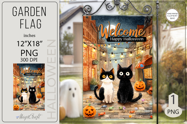 Welcome Garden flags|Halloween Sublimation pumpkin cats