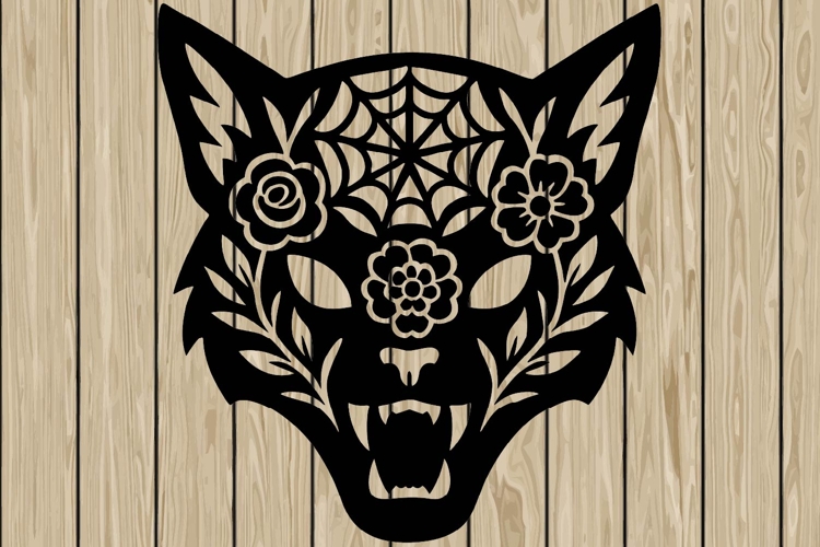 Halloween floral cat head stencil silhouette SVG