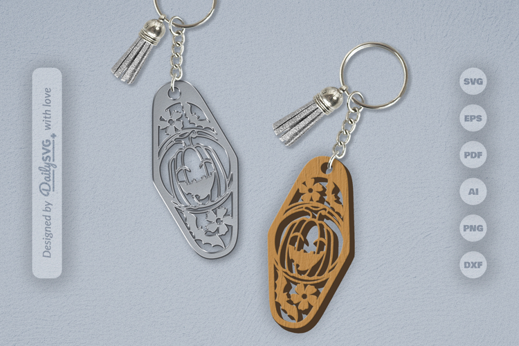 Halloween Floral Pumpkin and Bats Motel Keychain Laser Cut