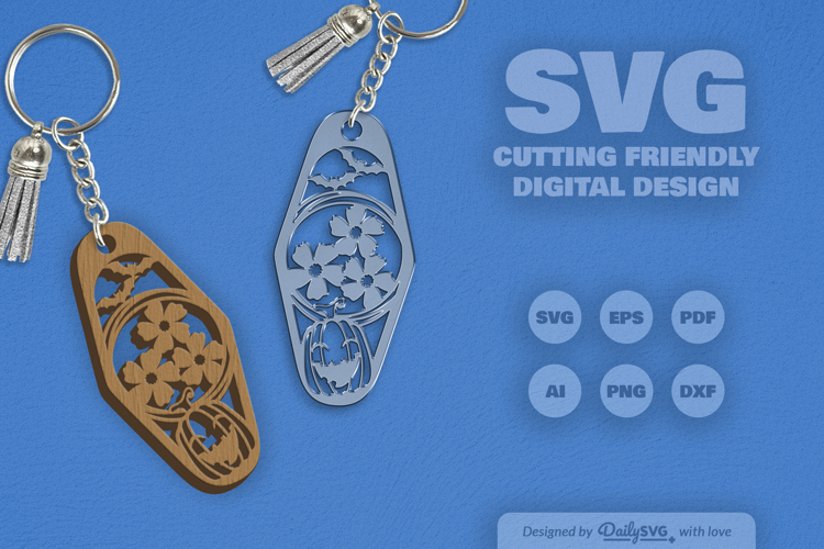 Halloween Floral Pumpkin and Bats Motel Keychain Laser Cut