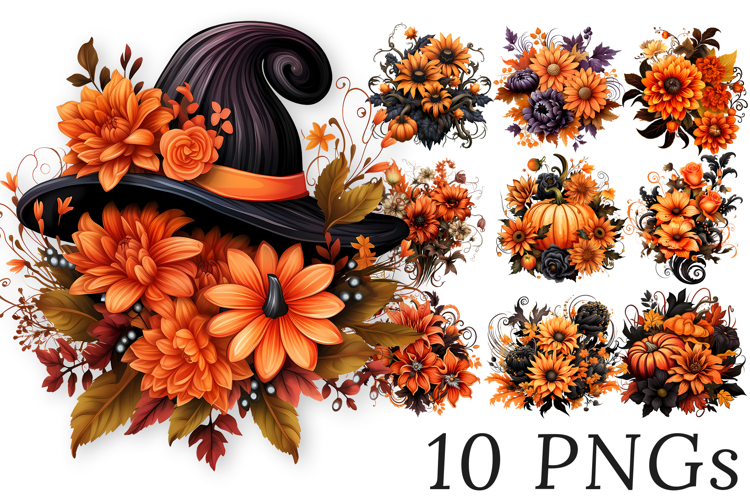 Halloween Flower Clipart - 10 Orange and Black Floral PNGs