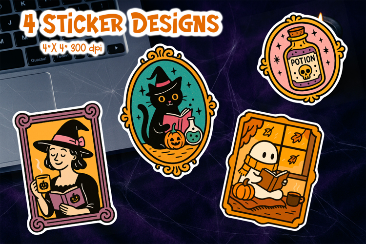 Halloween Vintage Frame Sticker Printable | Cozy Witch Cat