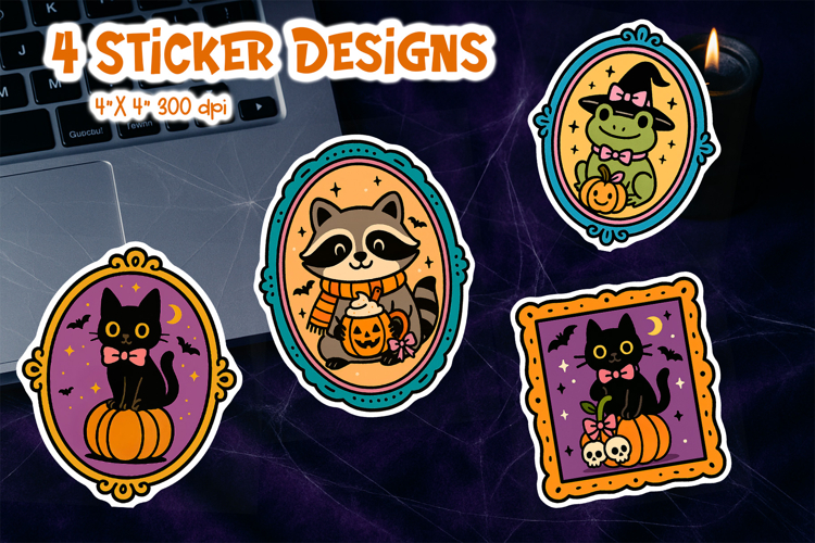 Halloween Vintage Frame Sticker Printable | Cute Cat Frog