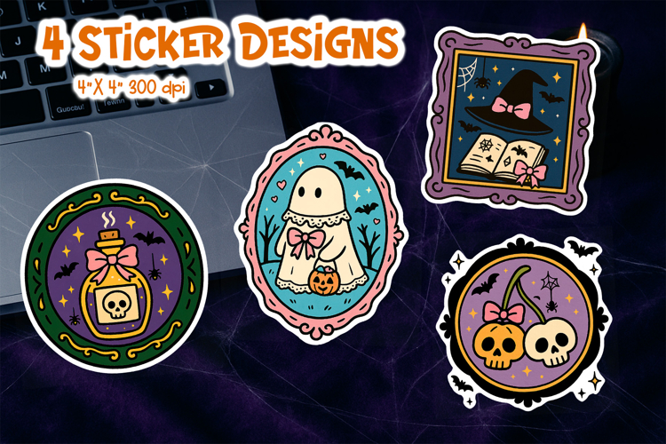 Halloween Vintage Frame Sticker | Ghost Potion Book Skulls