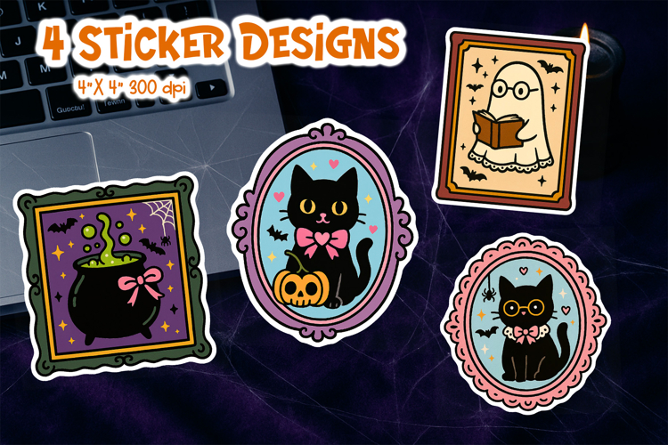 Halloween Vintage Frame Sticker | Cat Ghost Cauldron Glasses