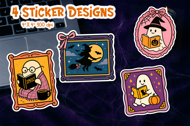 Halloween Vintage Frame Sticker | Cozy Ghost Witch Book Art