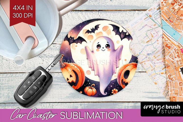 Ghost Car Coaster - Halloween Ghost Coaster PNG Sublimation example image 1